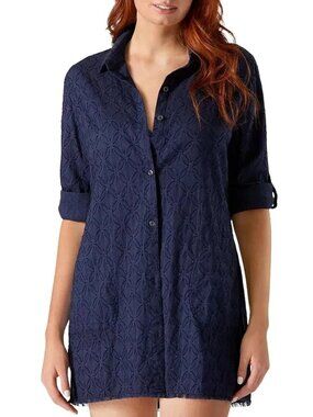 110$ Tommy Bahama Cotton Clip Jacquard Shirt Swim Coverup Dress Size S Navy